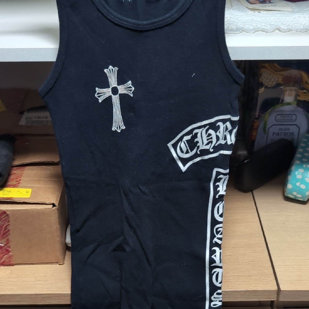 Black Tank Top with Graphic Cross and Vertical Text